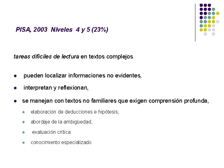 PISA, 2003 Niveles 4 y 5 (23%) tareas difíciles de lectura en textos complejos