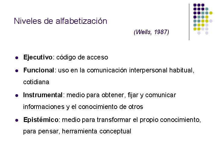 Niveles de alfabetización (Wells, 1987) l Ejecutivo: código de acceso l Funcional: uso en
