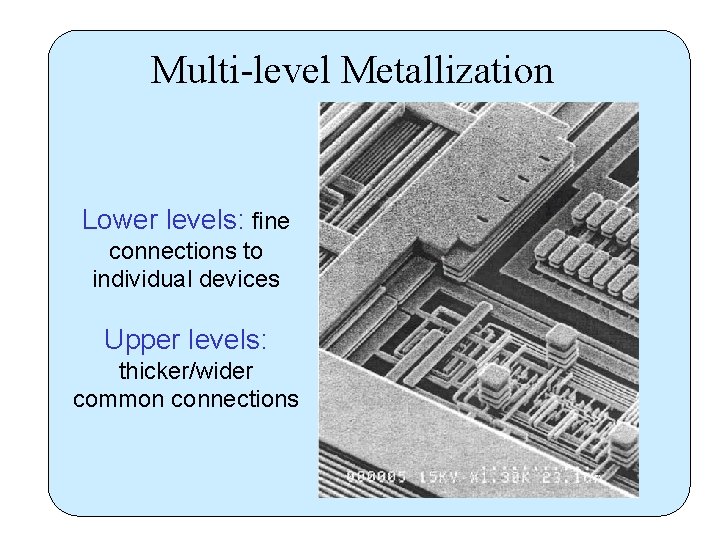 Multi-level Metallization Lower levels: fine connections to individual devices Upper levels: thicker/wider common connections