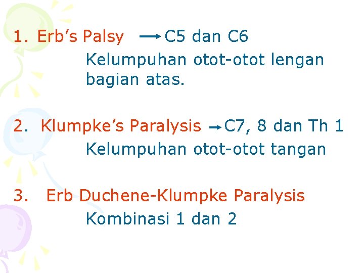 1. Erb’s Palsy C 5 dan C 6 Kelumpuhan otot-otot lengan bagian atas. 2.