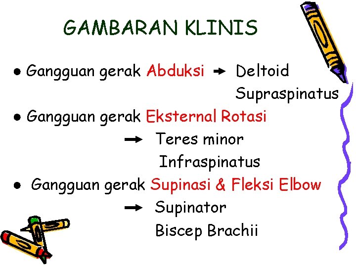 GAMBARAN KLINIS ● Gangguan gerak Abduksi Deltoid Supraspinatus ● Gangguan gerak Eksternal Rotasi Teres