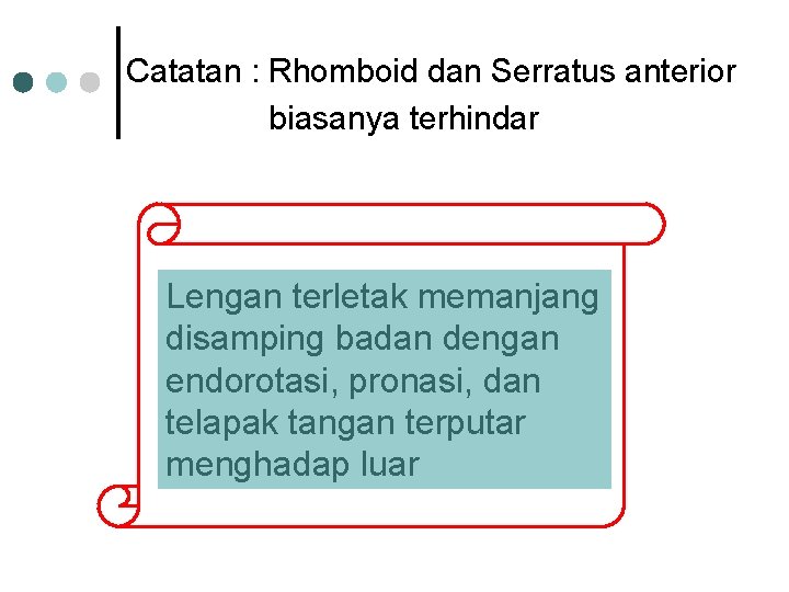 Catatan : Rhomboid dan Serratus anterior biasanya terhindar Lengan terletak memanjang disamping badan dengan