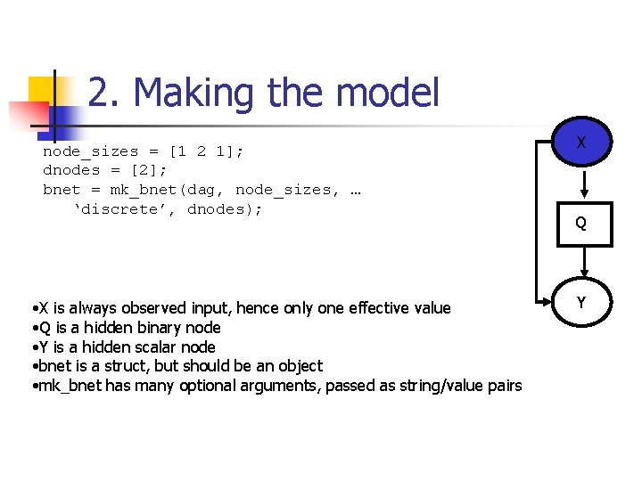 2. Making the model node_sizes = [1 2 1]; dnodes = [2]; bnet =
