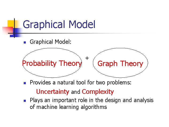 Graphical Model n Graphical Model: Probability Theory n + Graph Theory Provides a natural