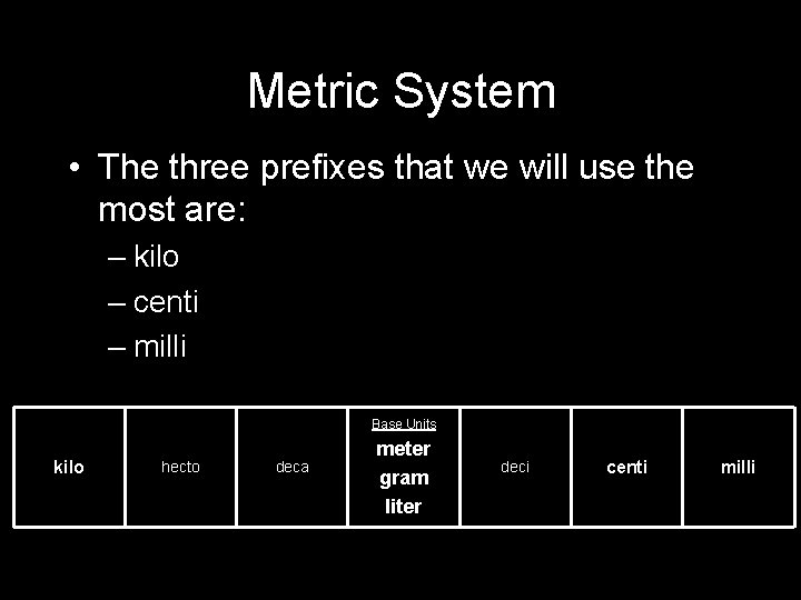 Metric System • The three prefixes that we will use the most are: –