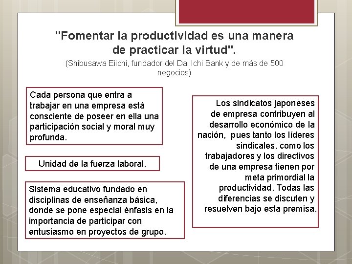 "Fomentar la productividad es una manera de practicar la virtud". (Shibusawa Eiichi, fundador del