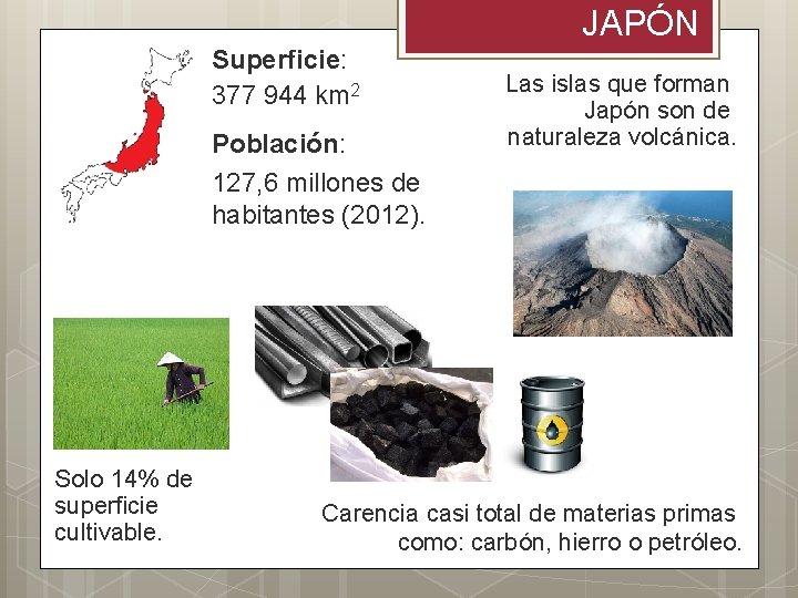 JAPÓN Superficie: 377 944 km 2 Población: 127, 6 millones de habitantes (2012). Solo