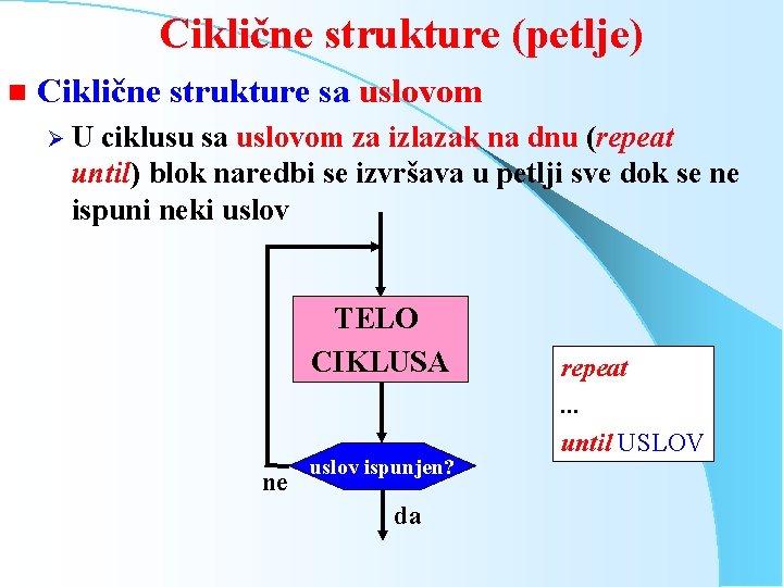 Ciklične strukture (petlje) n Ciklične strukture sa uslovom ØU ciklusu sa uslovom za izlazak