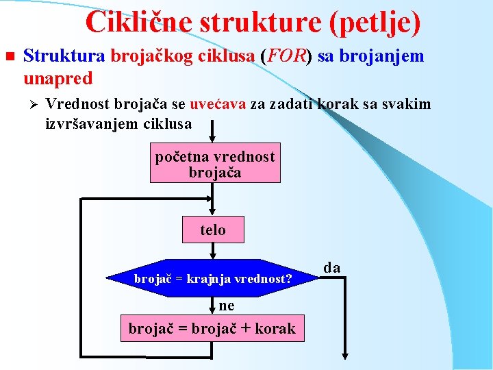 Ciklične strukture (petlje) n Struktura brojačkog ciklusa (FOR) sa brojanjem unapred Ø Vrednost brojača