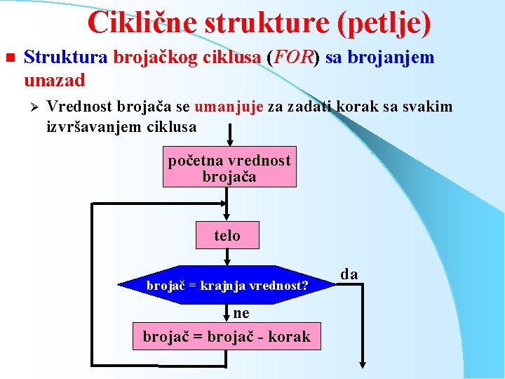 Ciklične strukture (petlje) n Struktura brojačkog ciklusa (FOR) sa brojanjem unazad Ø Vrednost brojača