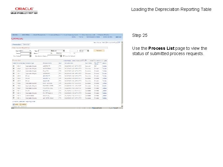 Loading the Depreciation Reporting Table Step 25 Use the Process List page to view