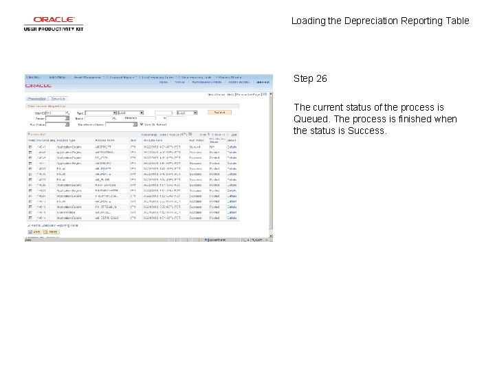 Loading the Depreciation Reporting Table Step 26 The current status of the process is