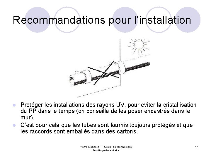 Recommandations pour l’installation Protéger les installations des rayons UV, pour éviter la cristallisation du