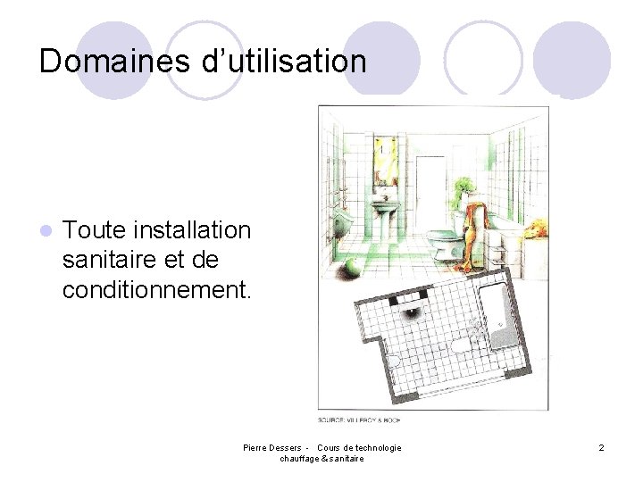 Domaines d’utilisation l Toute installation sanitaire et de conditionnement. Pierre Dessers - Cours de