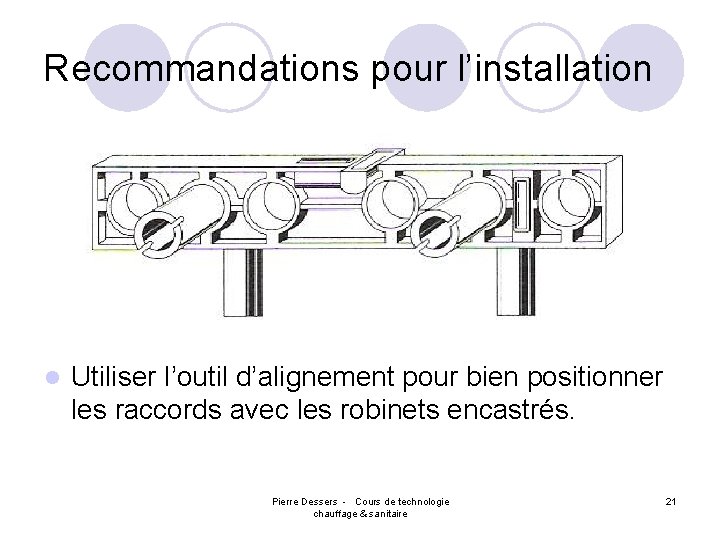 Recommandations pour l’installation l Utiliser l’outil d’alignement pour bien positionner les raccords avec les