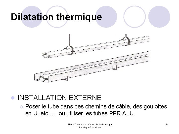 Dilatation thermique l INSTALLATION EXTERNE ¡ Poser le tube dans des chemins de câble,