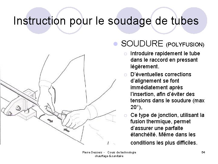 Instruction pour le soudage de tubes l SOUDURE (POLYFUSION) ¡ ¡ ¡ Introduire rapidement