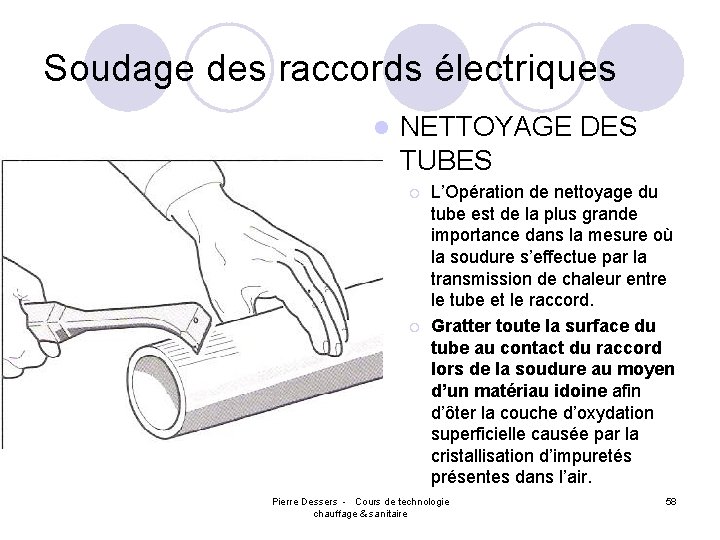Soudage des raccords électriques l NETTOYAGE DES TUBES ¡ ¡ L’Opération de nettoyage du