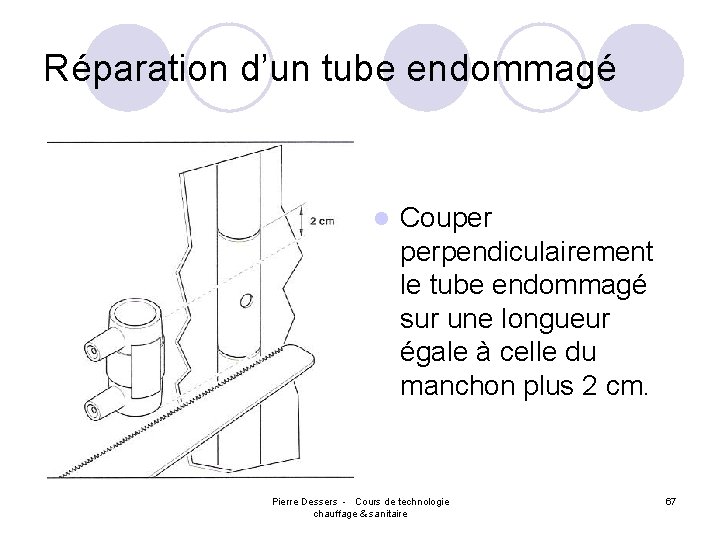Réparation d’un tube endommagé l Couper perpendiculairement le tube endommagé sur une longueur égale