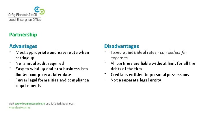 Partnership Advantages Disadvantages ⁻ ⁻ ⁻ Most appropriate and easy route when setting up
