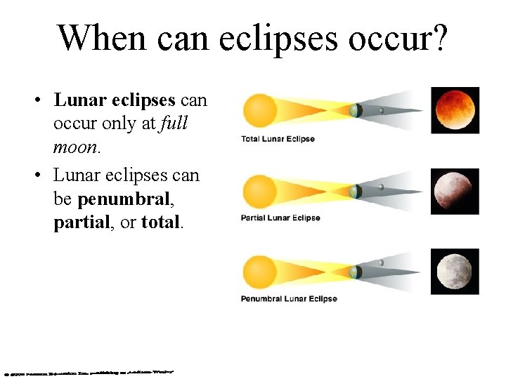 When can eclipses occur? • Lunar eclipses can occur only at full moon. •