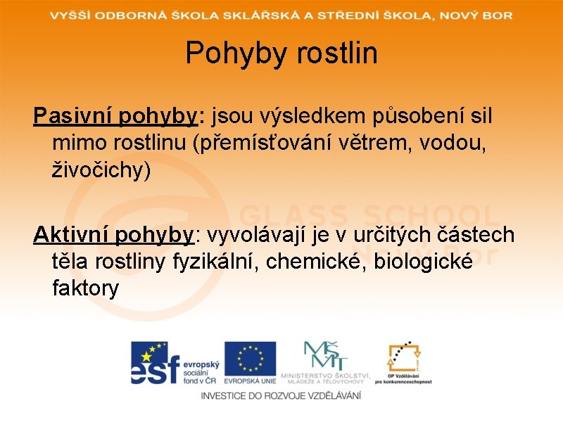 Pohyby rostlin Pasivní pohyby: jsou výsledkem působení sil mimo rostlinu (přemísťování větrem, vodou, živočichy)