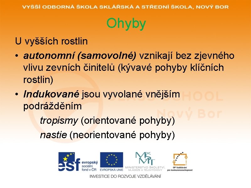Ohyby U vyšších rostlin • autonomní (samovolné) vznikají bez zjevného vlivu zevních činitelů (kývavé Ohyby U vyšších rostlin • autonomní (samovolné) vznikají bez zjevného vlivu zevních činitelů (kývavé