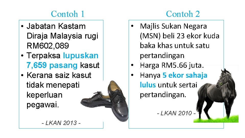 Contoh 1 • Jabatan Kastam Diraja Malaysia rugi RM 602, 089 • Terpaksa lupuskan