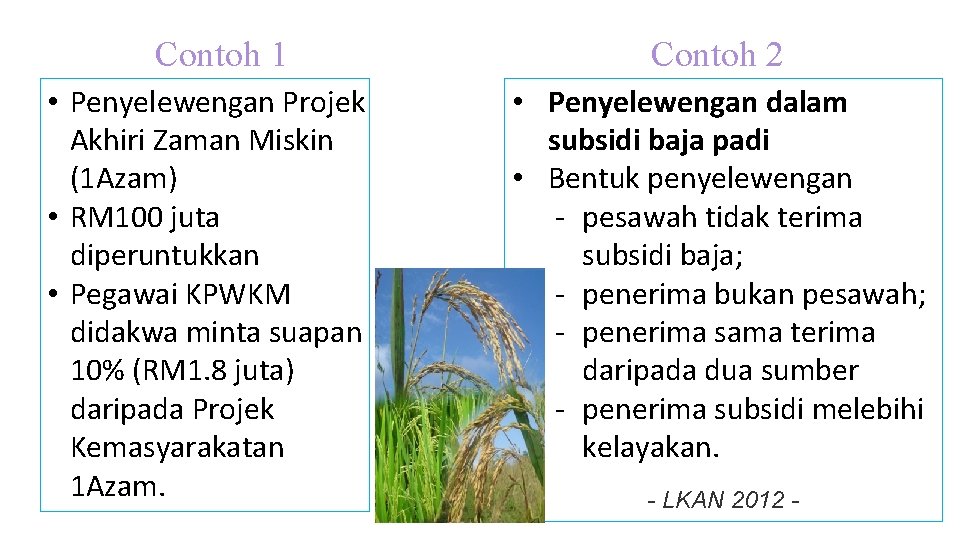 Contoh 1 • Penyelewengan Projek Akhiri Zaman Miskin (1 Azam) • RM 100 juta