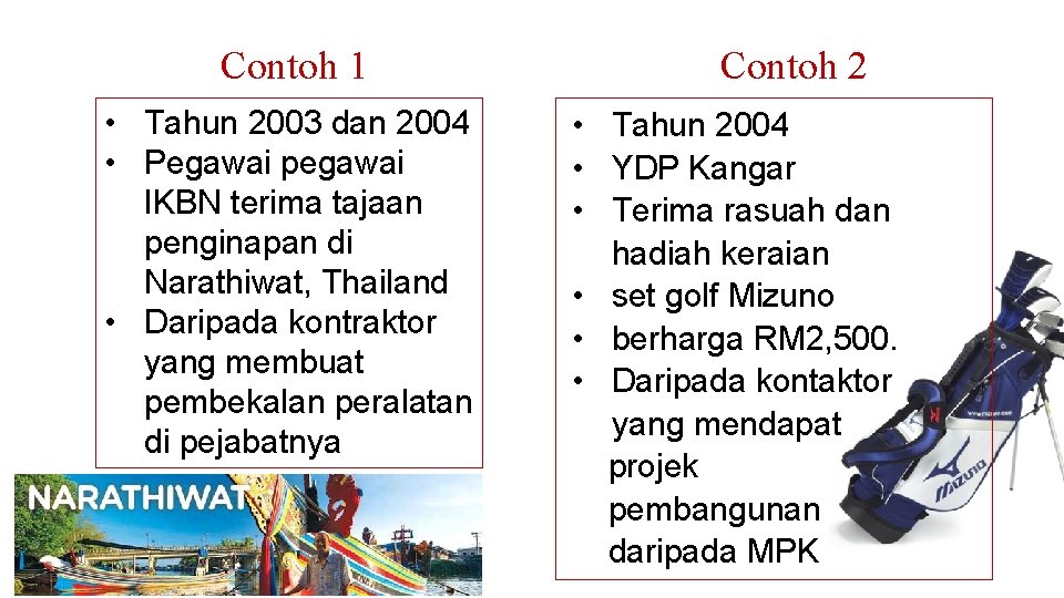 Contoh 1 • Tahun 2003 dan 2004 • Pegawai pegawai IKBN terima tajaan penginapan