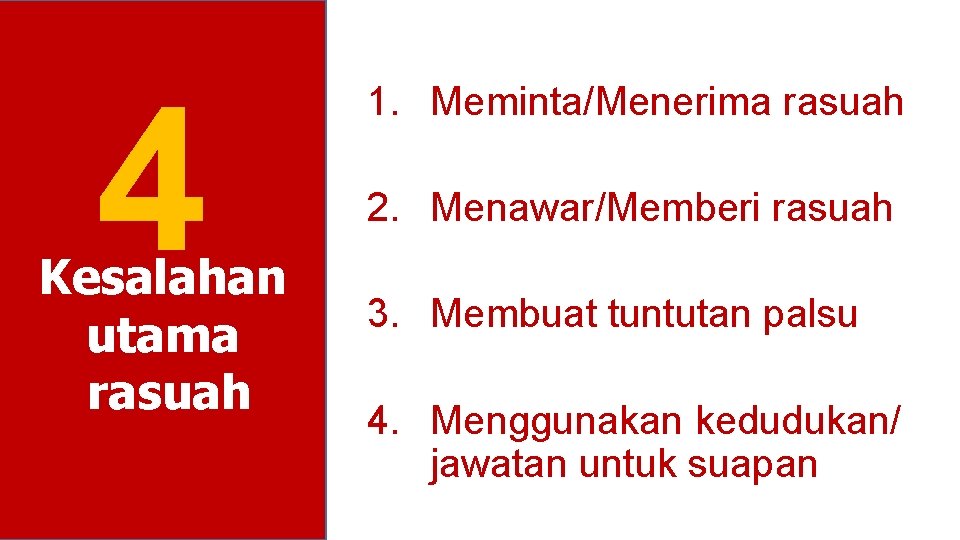 4 Kesalahan utama rasuah 1. Meminta/Menerima rasuah 2. Menawar/Memberi rasuah 3. Membuat tuntutan palsu