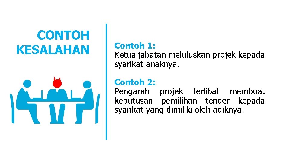 CONTOH KESALAHAN Contoh 1: Ketua jabatan meluluskan projek kepada syarikat anaknya. Contoh 2: Pengarah