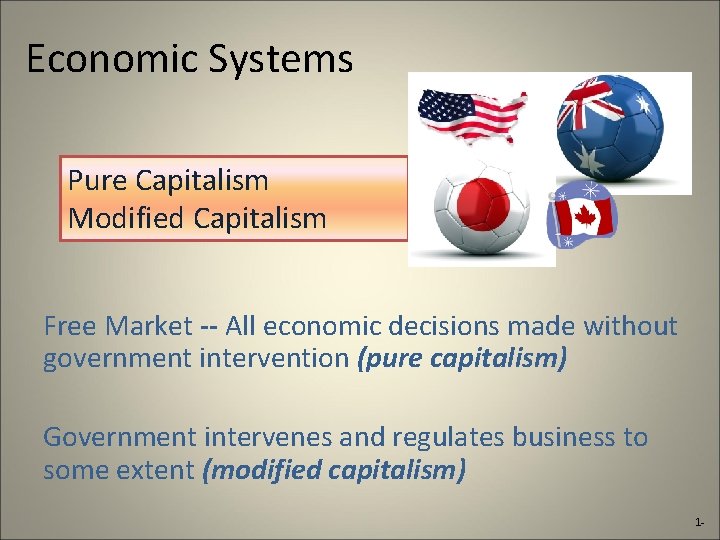 Economic Systems Pure Capitalism Modified Capitalism Free Market -- All economic decisions made without