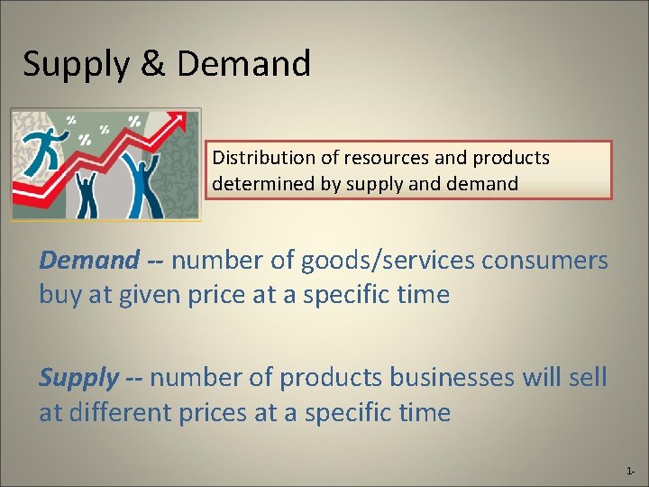 Supply & Demand Distribution of resources and products determined by supply and demand Demand