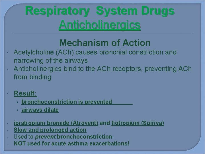  Respiratory System Drugs Anticholinergics Mechanism of Action Acetylcholine (ACh) causes bronchial constriction and