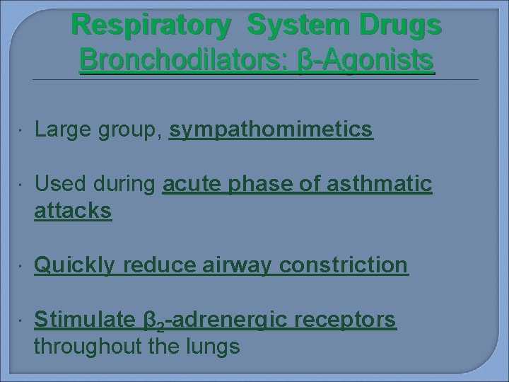 Respiratory System Drugs Bronchodilators: β-Agonists Large group, sympathomimetics Used during acute phase of asthmatic