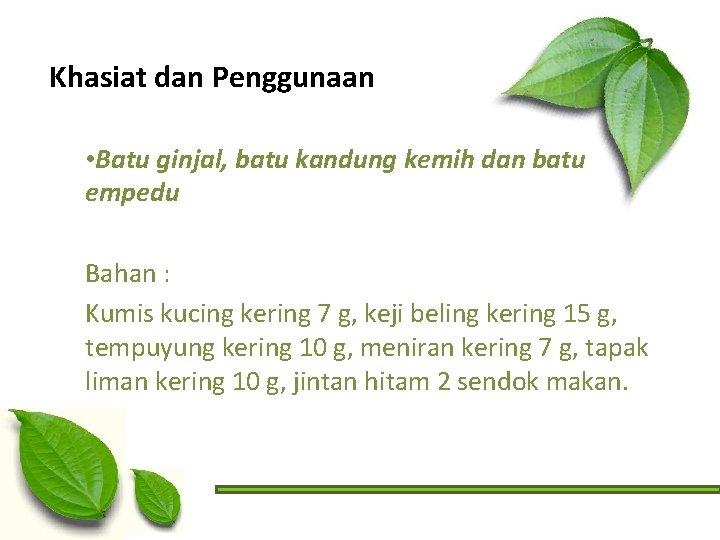 Khasiat dan Penggunaan • Batu ginjal, batu kandung kemih dan batu empedu Bahan :