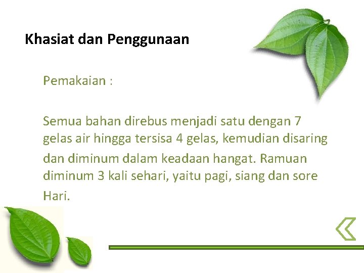 Khasiat dan Penggunaan Pemakaian : Semua bahan direbus menjadi satu dengan 7 gelas air