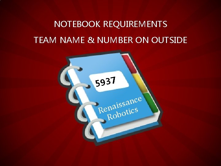 NOTEBOOK REQUIREMENTS TEAM NAME & NUMBER ON OUTSIDE 5937 e c n a s