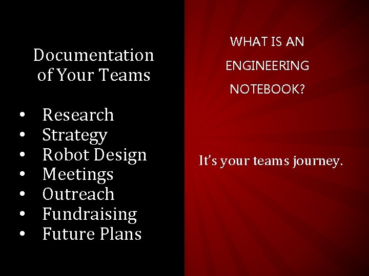 Documentation of Your Teams • • Research Strategy Robot Design Meetings Outreach Fundraising Future