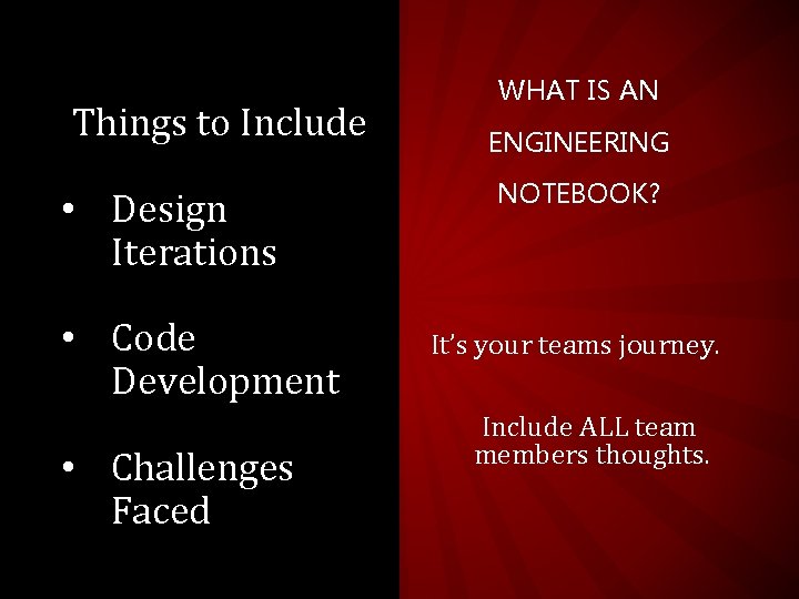 Things to Include • Design Iterations • Code Development • Challenges Faced WHAT IS