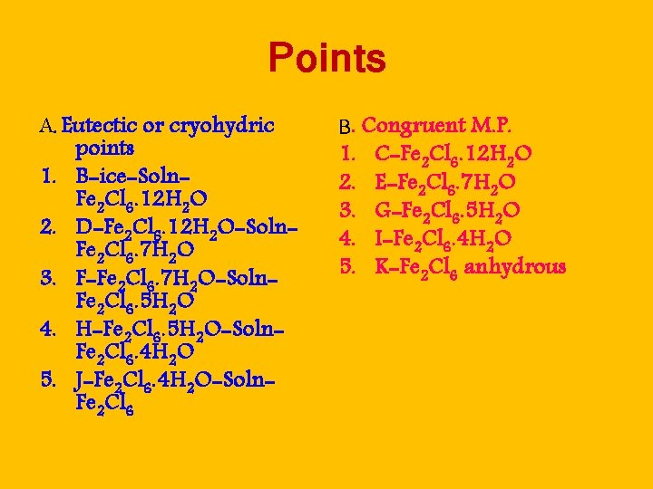 Points A. Eutectic or cryohydric points 1. B-ice-Soln. Fe 2 Cl 6. 12 H