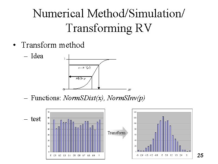 Numerical Method/Simulation/ Transforming RV • Transform method – Idea – Functions: Norm. SDist(x), Norm.