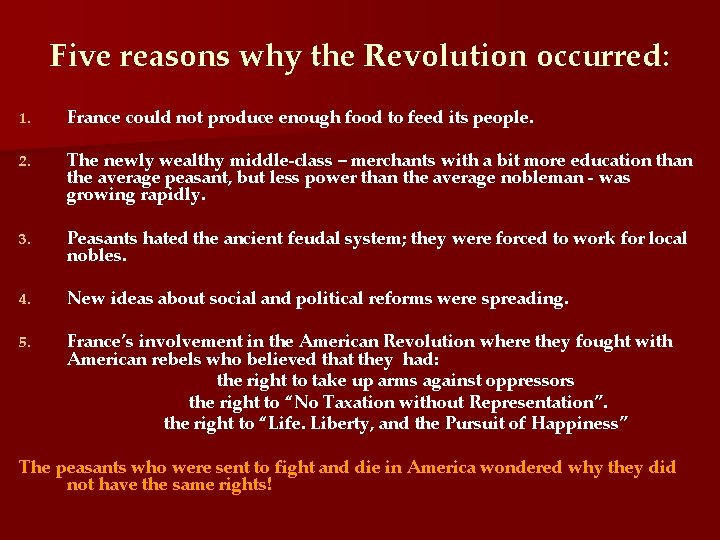 Five reasons why the Revolution occurred: 1. France could not produce enough food to