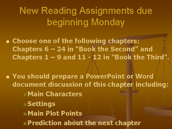 New Reading Assignments due beginning Monday n n Choose one of the following chapters: