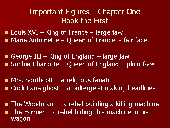 Important Figures – Chapter One Book the First n n Louis XVI – King