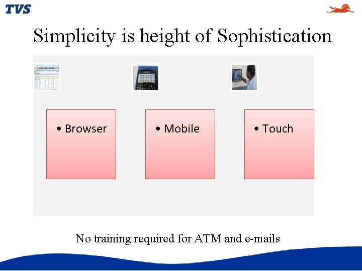 Simplicity is height of Sophistication • Browser • Mobile • Touch No training required