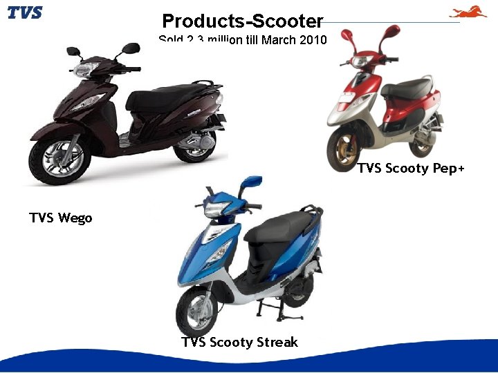 Products-Scooter Sold 2. 3 million till March 2010 TVS Wego TVS Scooty Pep+ TVS