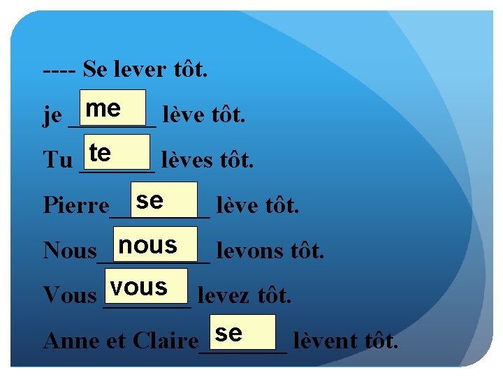 ---- Se lever tôt. me je _______ lève tôt. te Tu ______ lèves tôt.