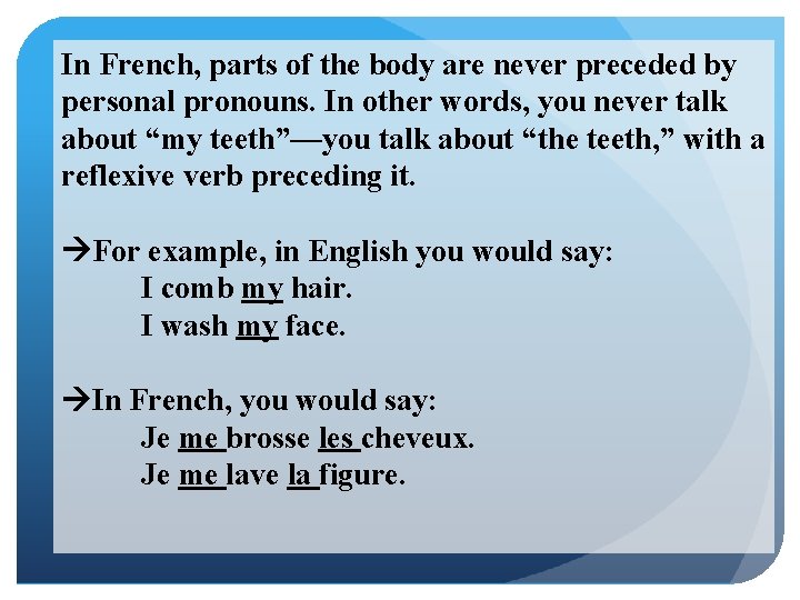 In French, parts of the body are never preceded by personal pronouns. In other
